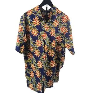 Island Republic Mens XL Navy Blue Tropical Floral Cotton Viscose Button Up Shirt